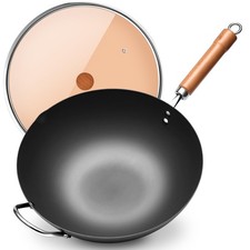 WANGYUANJI 12.59" Iron Wok Flat Bottom Stir Fry Pan Uncoated Induction Cooktop