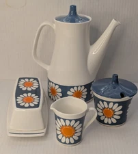 60's Figgjo Flint Turi Design DAISY Coffee Pot, Sugar Bowl/Creamer & Butter Dish
