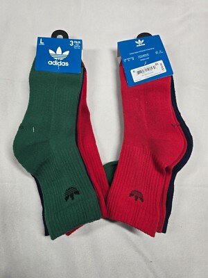 Adidas High Quarter Socks Green Navy Red Size L New 6 Pairs 2 Per Color
