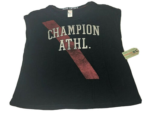 Champion Women's Black Graphic Oversized T-Shirt Crew Neck Sleeveless Sz XS