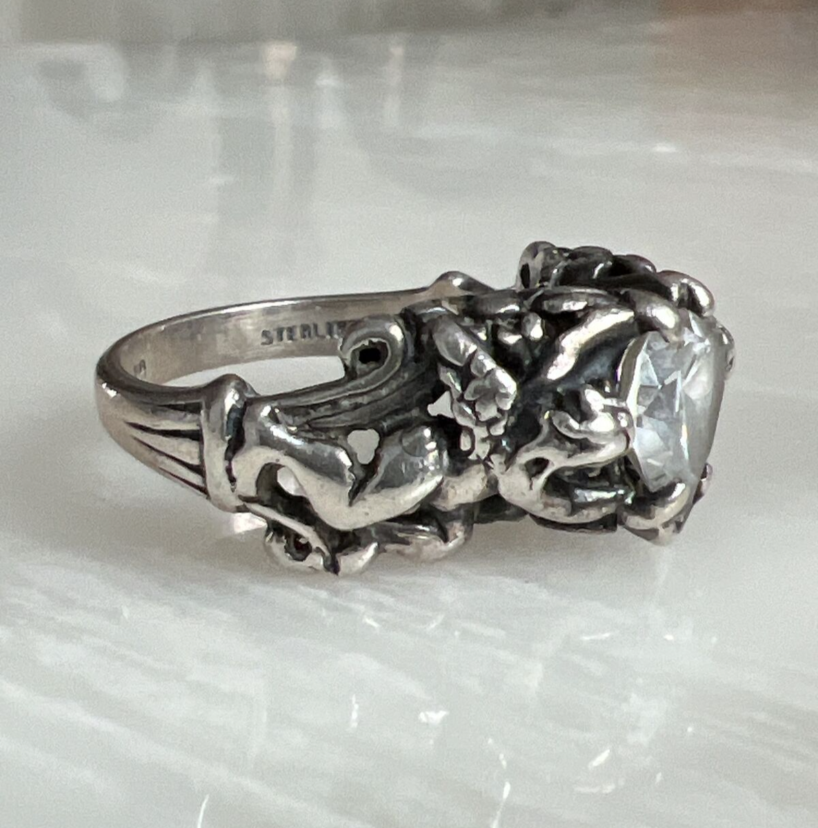 Vintage Kabana Sterling Silver Winged Cherub Angel Heart Shape CZ