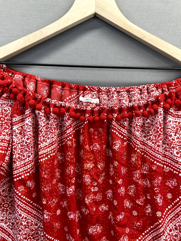 Camiseta roja para mujer Tularosa con estampado de bandana manga corta fuera del hombro talla L Foto 3 de 4