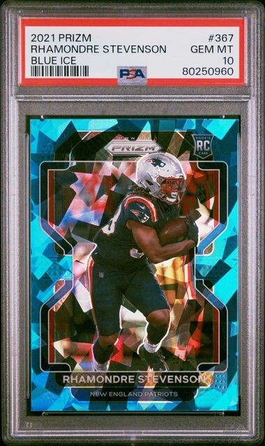 2021 Panini Prizm Rhamondre Stevenson  Blue Ice Prizm Rookie #28/99 PSA 10 (269)