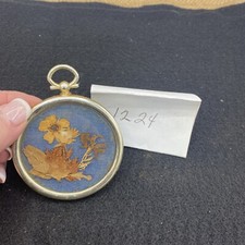 Vintage Dried Flowers On Blue Background With A Round Gold Frame 3.25  In Length