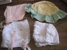 DOLL/BABY BONNETS/BUCKET HAT LOT OF 4-KNIT/GINGHAM/LACE-DEFECTS