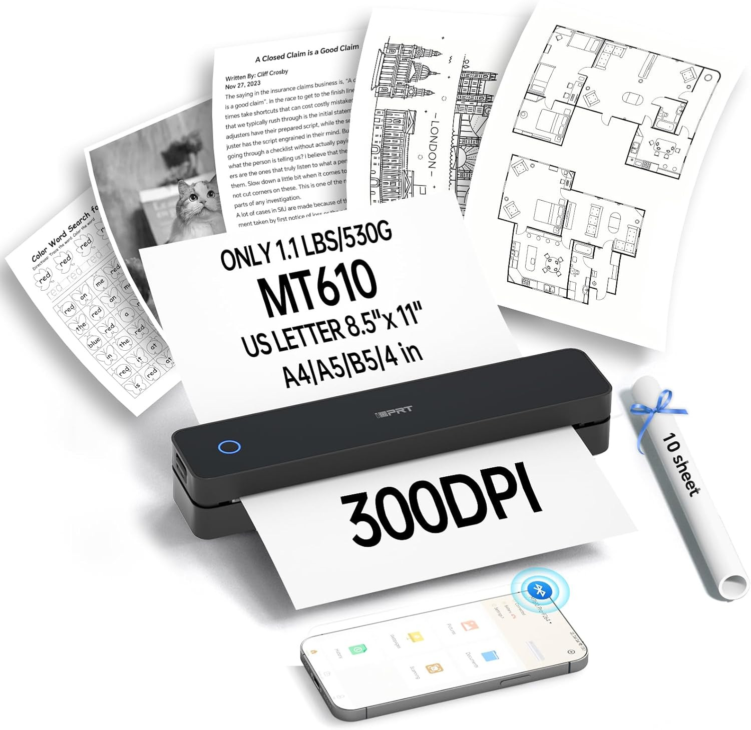 Portable Printers Wireless for Travel,300Dpi Mini Thermal Printer A4,Bluetooth P