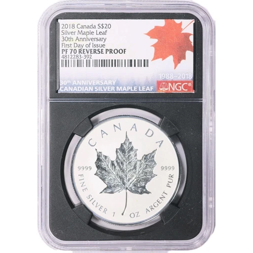 1 oz Silver - Canada 2018 $20 Maple Leaf 30th Anni. Incuse - NGC FDI PF70 + COA