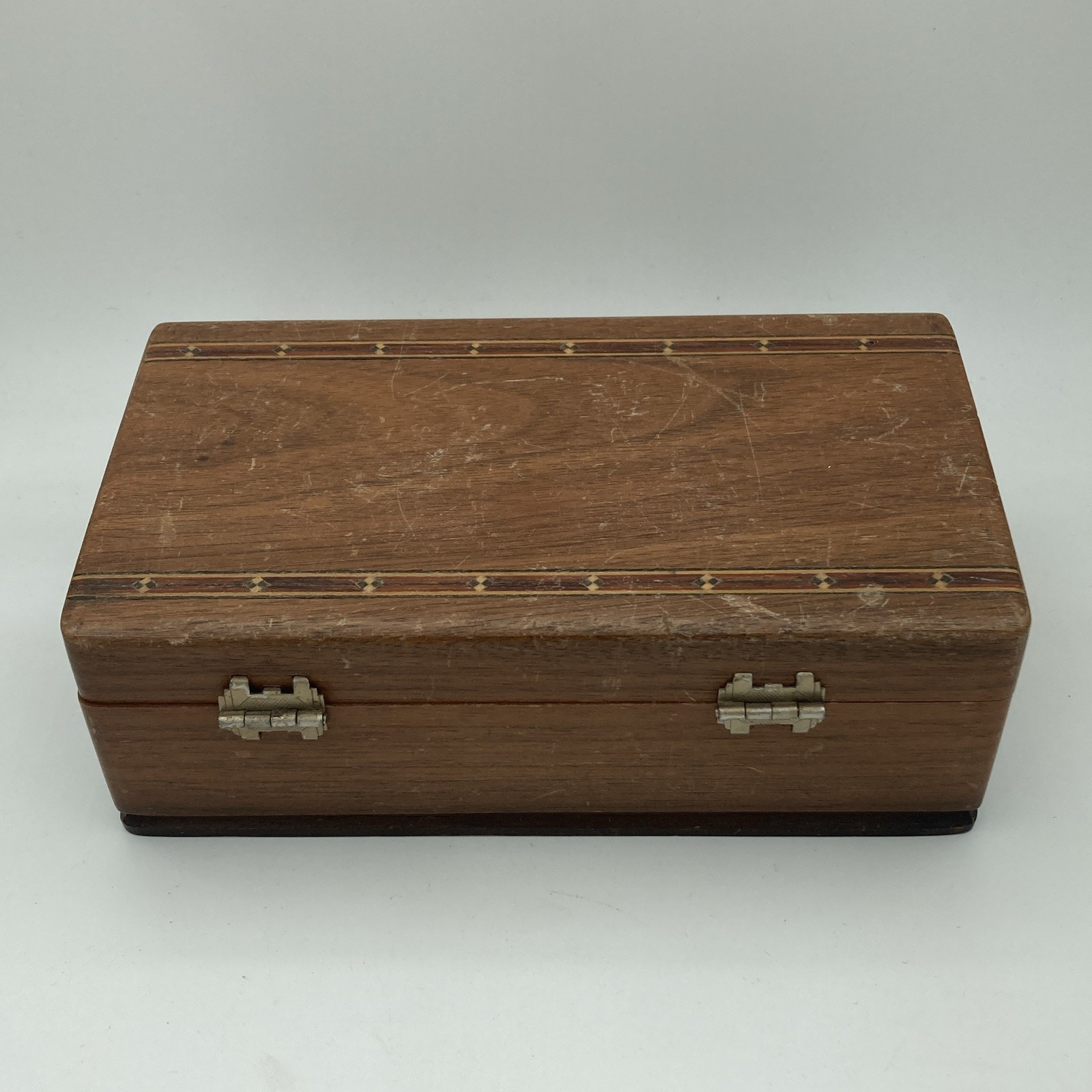 Vintage Wood Grain Brown Wooden Hinged Lid Rectangle Box w/ Metal ...
