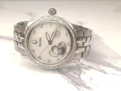 Bulova Silver-Tone Heart Accent Women's Watch with Diamond Bezel (SB1129197)
