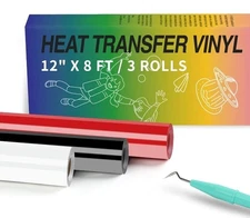 3 Rolls Black White Red HTV Bundle Heat Transfer Vinyl 12"x 8FT Iron on Garments