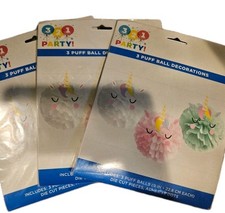 3-Pack Unicorn Llama Kitty Pom Pom Decorations 9-in Pastel Pink Mint Party Decor