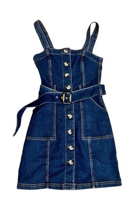 H&M Women's Blue Denim Button Down Mini Dress XXS Square Neck Sleeveless Pockets
