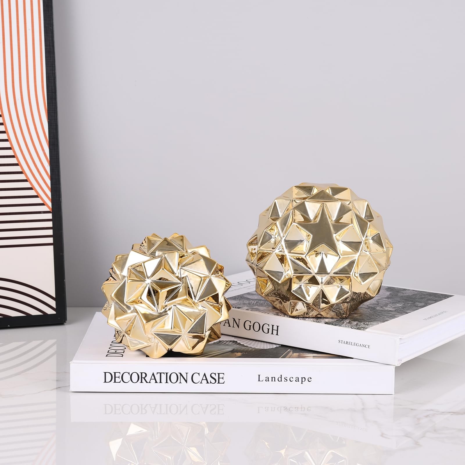 Gold Knot Orbs Ceramic 2PC Decorative Spheres Set - Modern Geometric Balls Ce...