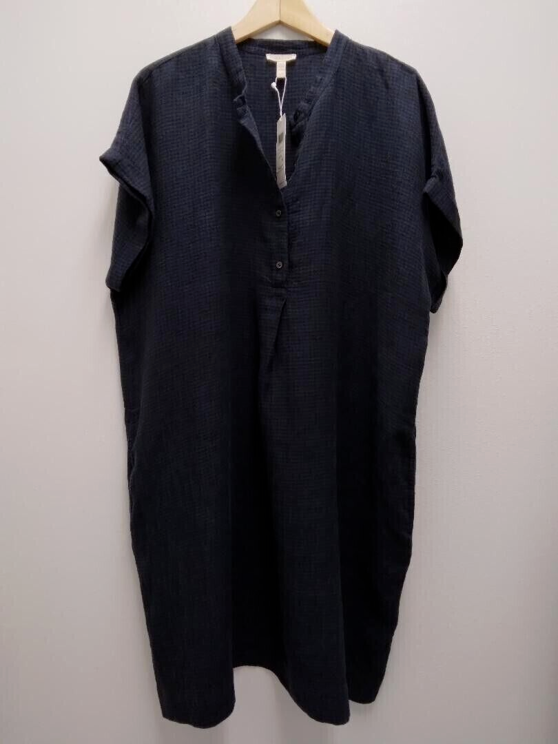 Eileen Fisher New Size L Ink Blue Puckered Organic Linen Dress