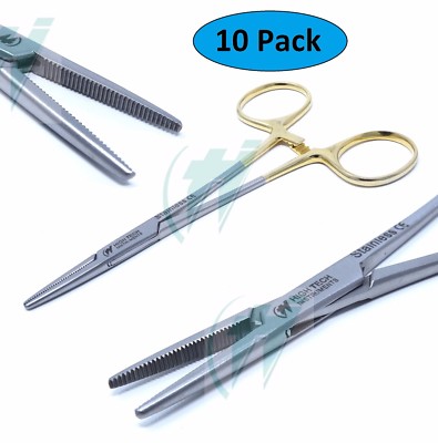 10 PCS GOLD HANDLE FULL SERRATED HEMOSTAT LOCKING FORCEPS 5'' STRAIGHT PLIERS