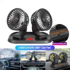 Car Fan USB/12V/24V Double-head Adjustable 360° Car Electric Fan Silent 2-speed