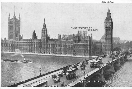 RPPC Houses of Parliament Big Ben, Abbey, Steamer and barge