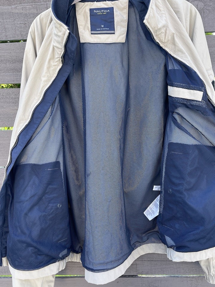 Nautica Coat Zip Jacket Beige Collar Men's Size Medium Bomber Golf