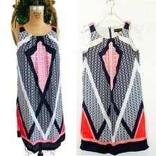 DANA BUCHMAN Navy White Shift Mini Dress XS Geometric Art Sleeveless Pleated