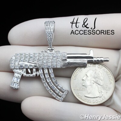 MEN SOLID 925 STERLING SILVER ICY BAGUETTE CZ 3D ''AK47 GUN'' SHAPE PENDANT*ASP440