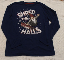 Sleep on It 12 14 L Boys Santa Snowboard PJ Shirt Top Christmas EUC pajama Navy