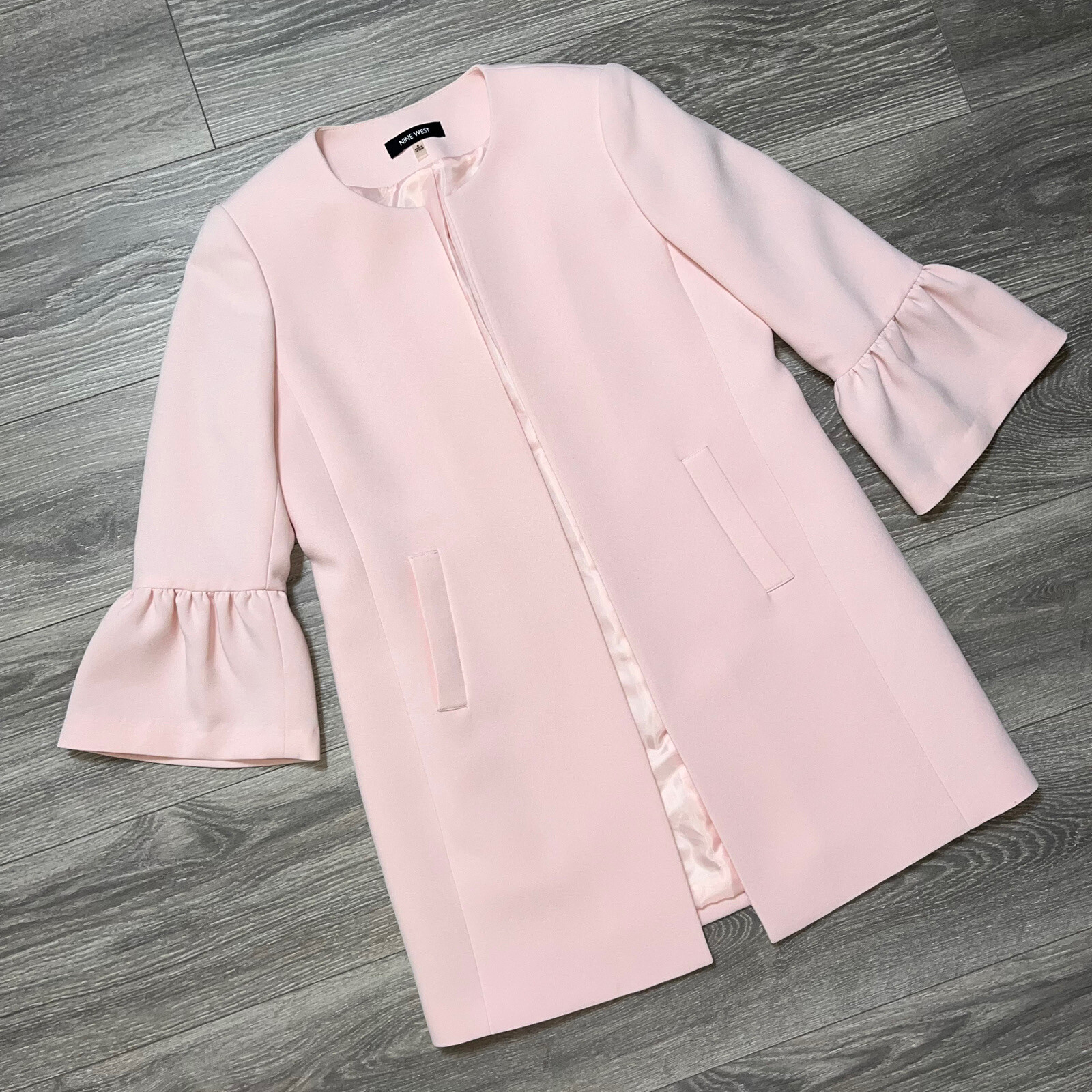 Nine West 3/4 Bell Sleeve Babydoll Longline Coat Jacket Light Pink y2k 6 S New