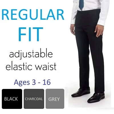 Boys Black Charcoal Dark Grey School Trousers Age 3-16 Adjustable Waist