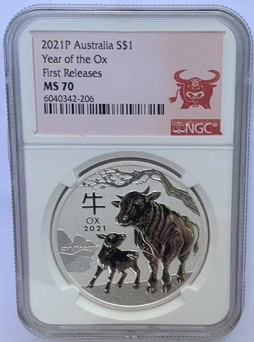 2021 Australia .9999 Bullion Silver Lunar Year of the OX NGC MS70 1oz $1 Coin