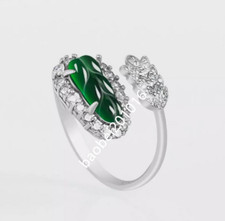 Certified S925 Sterling Silver Natural Green Burma A Jade jadeite Leaf Ring