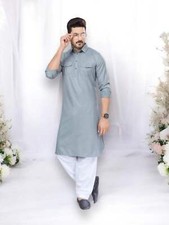 Traditional Gray Pathani Cotton Kurta Pajama Outfit  Ethnic Wear for Mens