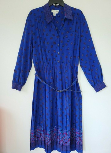Vtg Schrader Blue Print Pleated Dress 