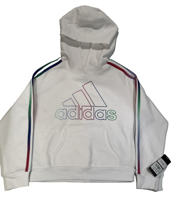 NEW ADIDAS Youth Hoodie Large White Pullover Rainbow Logo Stripe