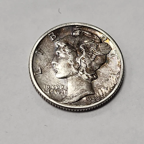 1938-P Mercury Silver Dime AU Uncertified Toned Front JBT16