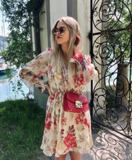 H&M SS2019 TRENDY FLORAL V NECK CHIFFON BEIGE RED DRESS BLOGGERS SOLD OUT 
