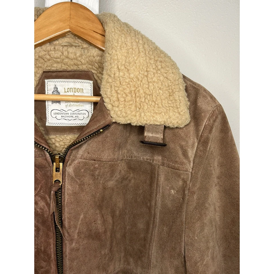 Vintage London Fog Suede Leather Bomber Jacket Sherpa Mens Sz 42 Rancher Flight - Image 2 of 4