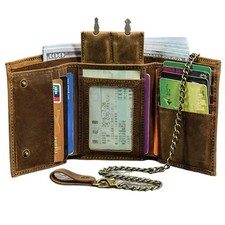 Men Genuine Leather Short Wallet with Chain Zipper Clutch Wallets Male Short Tri