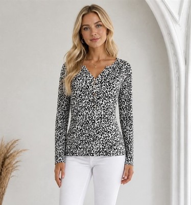 Womens Animal Print V Neck Henley Top Size Large Lightweight Ribbed Stretch Knit