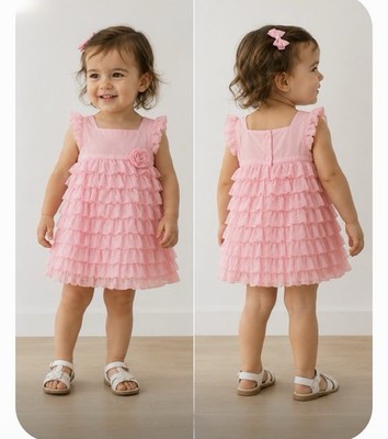 24m Maggie and Zoe pink ruffled dress, flower detail with bloomer.