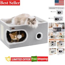 Cat Bed Cube House for Indoor Cats with Scratch Pad Grey Modern 23.6x16.5x13 in