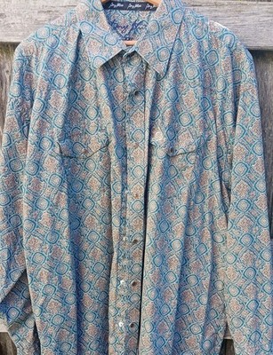 Western  George Strait Collection Mens MEDIUM Aqua Paisley Pearl Snap Shirt 2 XL