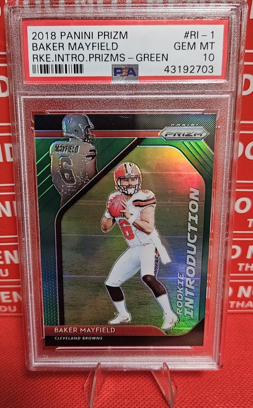 2018 Panini Prizm RC Baker Mayfield~RKE. INTRO. PRIZMS GREEN~PSA 10 Low Pop