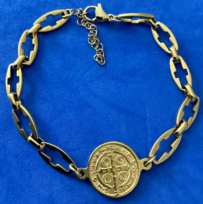 St BENEDICT Bracelet Saint Medal Gold Plated Stainless Steel 7.5  to 9 inch