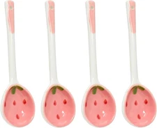 Honbay 4PCS Long Handle Ceramic Soup Spoons Strawberry pink with white 