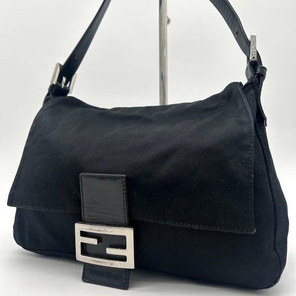 Fendi Mamma Baguette Black Nylon Shoulder Bag Silver Hardware Adjustable Strap