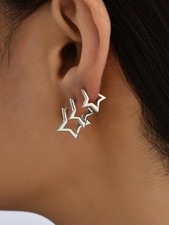 Silver 2-Piece Geometric Star Hoop Earrings Set For Women