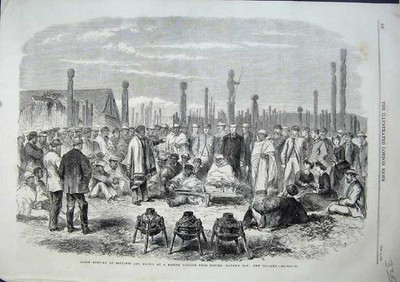 Alter antiker Druck 1863 Siedler Maoris Ureinwohnerdorf Napier Hawkes Bay 19.