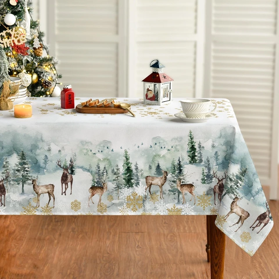 Horaldaily Christmas Tablecloth 60×84 Inch, Golden Snow Deers Washable Table Co