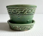 Vintage McCoy Pottery Greek Key Green 4" Flower Pot w/ Attached Saucer