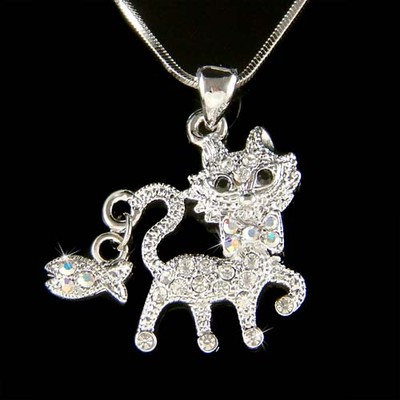 ~KITTY CAT~ made with Swarovski Crystal Kitten Fish Charm Chain Necklace Jewelry