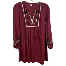 Old Navy Embroidered Tunic Dress Long Sleeve Casual Maroon XS